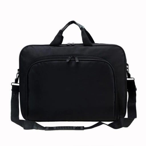 Mala fina preta para laptop com alças e alça de ombro ajustável com almofada. Bolsa frontal com fecho. Tecido de nylon 40 x 5,5 x 29 cm