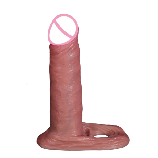 Manchon en silicone réaliste pour pénis 17 cm avec de longs testicules 12,5 cm et un trou pour passer les testicules, veinage et couleur chair, emballage discret