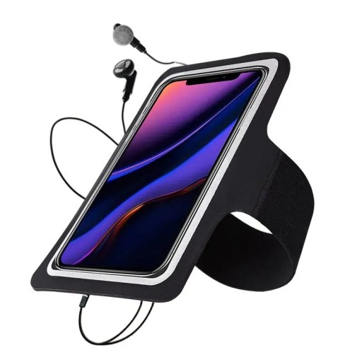 Manga de brazo para correr para teléfonos de hasta 6,8 pulgadas con orificio para auriculares, pantalla táctil y velcro ajustable.