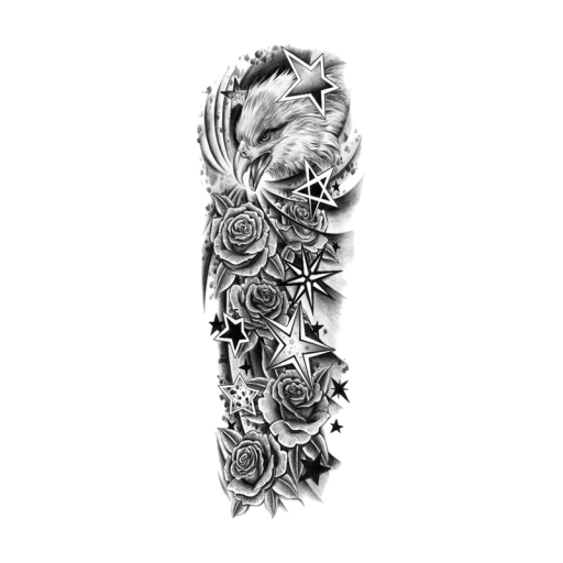 Manga de tatuaje temporal resistente al agua 48 x 17 cm Águila Estrellas Rosas Estilo moderno y rugoso Motivo realista Dura hasta 15 días Fácil aplicación