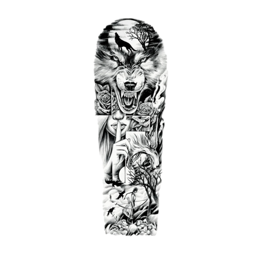 Manga de tatuaje temporal resistente al agua 48 x 17 cm Lobo y guerrero Estilo moderno y rugoso Motivo realista Dura hasta 15 días Fácil aplicación