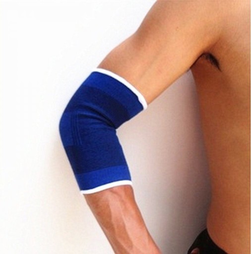 Mangas para el codo 2 pcs para protección de los codos durante el deporte Manguitos elásticos tejidos sin cierre Azules con franjas oscuras y ribete