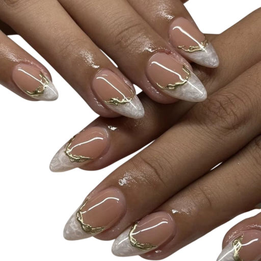Manicure francese elegante a forma mandorla, taglia media, 24 pezzi, unghie artificiali adesive in acrilico 3D per uso domestico