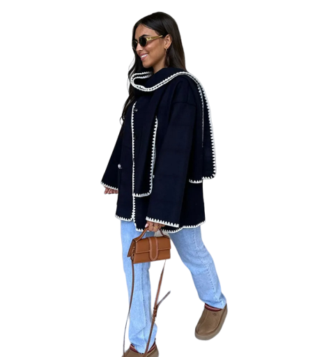 Manteau d'automne pour femmes avec écharpe à bord blanc