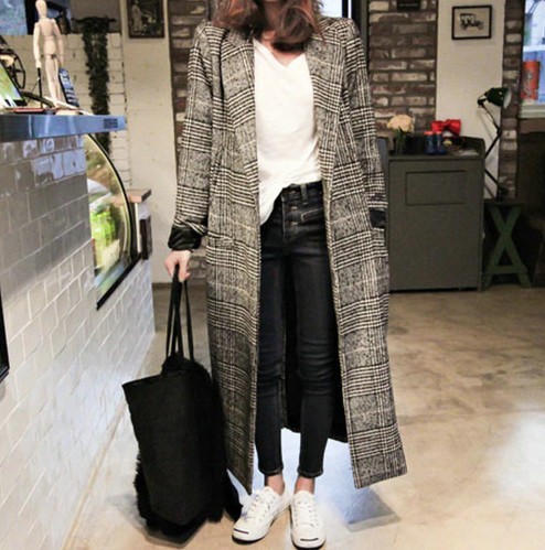 Manteau long à carreaux pour femme - Gris