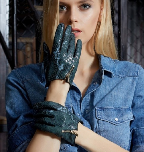 Mănuși de piele pentru femei cu model din piele de șarpe