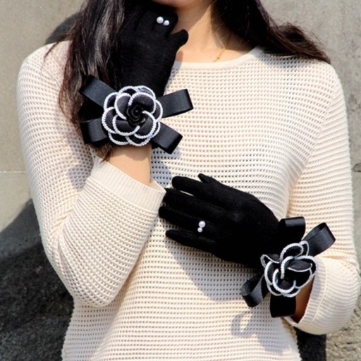 Mănuși negre pentru femei, cu o panglică