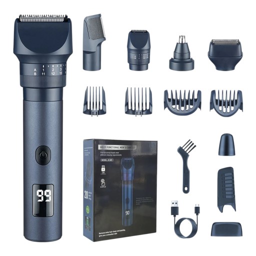Máquina de cortar cabelo 5 em 1 Aparador de barba e nariz Máquina de barbear à rede À prova de água IPX6 Ecrã LED Azul escuro Sem fios