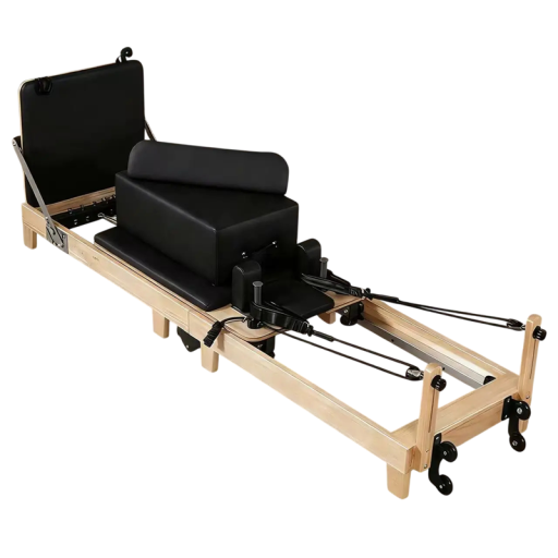 Máquina de ejercicios Pilates Reformer plegable 2350×690 mm estructura de madera de caucho arce para gimnasio en casa y entrenamiento de fitness