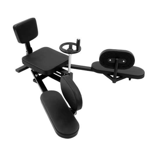 Máquina de estiramiento para piernas con rueda manual 0–210 °, capacidad de carga 100 kg, longitud 166 cm, construcción metálica, acolchada, negra, ejercicio de flexibilidad