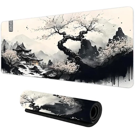 Mare Pad pentru Mouse și Tastatură 300 x 800 x 3 mm cu Motiv Japonez Peisaj Sakura și Templu Alb-negru pentru Birou și Birou de Jocuri