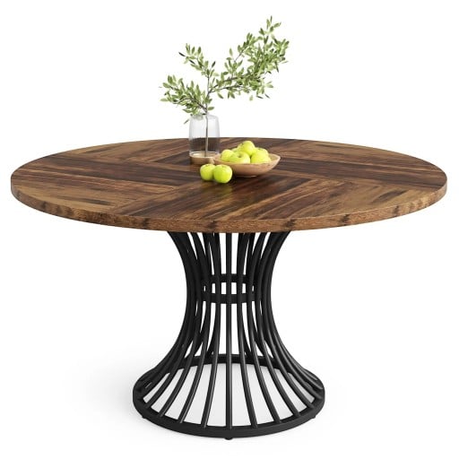Masă de dining rotundă 75 x 120 x 59 cm Cu un blat cu diametrul de 120 cm în motiv de lemn Picior central negru din prute curbate Finisaj maro