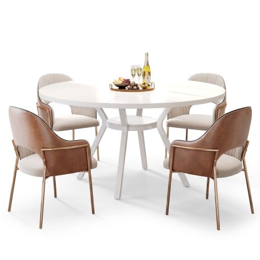 Masă de dining rotundă 76 x 120 x 59 cm cu blat de 120 cm diametru și raft de depozitare între picioare Finisaj alb cu patru picioare deschise