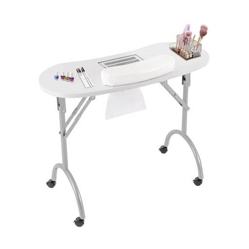 Masa de manichiură cu aspirator încorporat 5,5 W pliabil 90 x 40 x 72,5 cm cu roți și suport pentru încheietura mâinii alb pentru manichiură acasă și în studio
