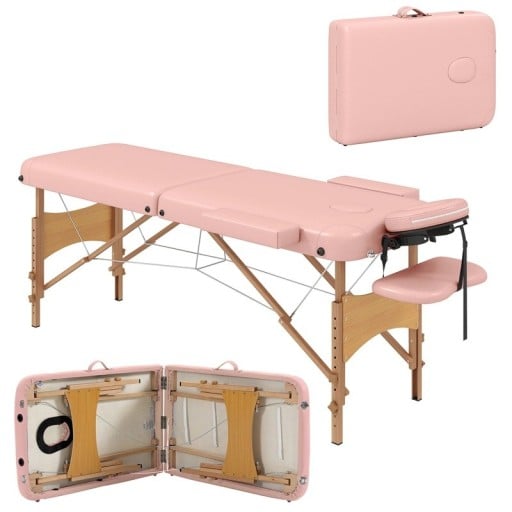Masaj mobil cu deschidere pentru față 185 x 60 cm Înălțime ajustabilă 64 până la 88 cm Lemn de fag și piele sintetică Roz Pentru salon
