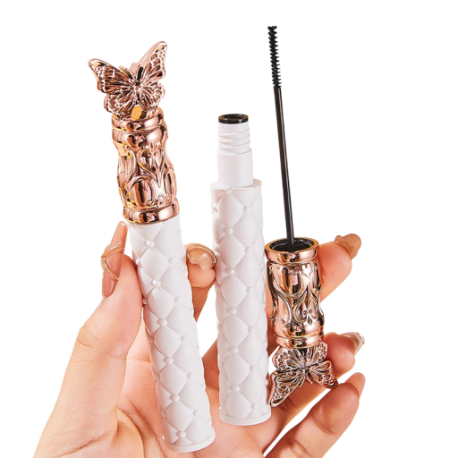 Mascara rezistentă la apă cu perie subțire, ambalaj decorativ alb cu fluture, neagră, cosmetică pentru definirea precisă a genelor