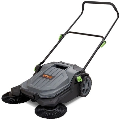 Masina de curățat manuală cu roți, cu 2 perii și recipient de colectare de 18,9 l, lățime 65 cm, oțel și PP, gri-negru, pentru trotuare și hale