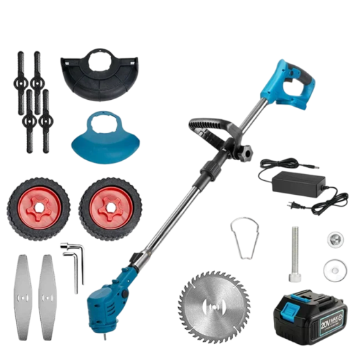 Mașină de tuns iarba fără fir 21V cu tijă telescopică 100–135 cm Mâner antiderapant 10000 rpm 1 baterie Lamă de ferăstrău Roți