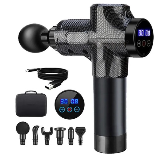 Massagepistool Stille werking met 6 opzetstukken Amplitude 12 mm Duur 4 tot 6 uur LCD-display Opladen USB-C Zwartgrijs Voor rug-, nek- en voetmassage