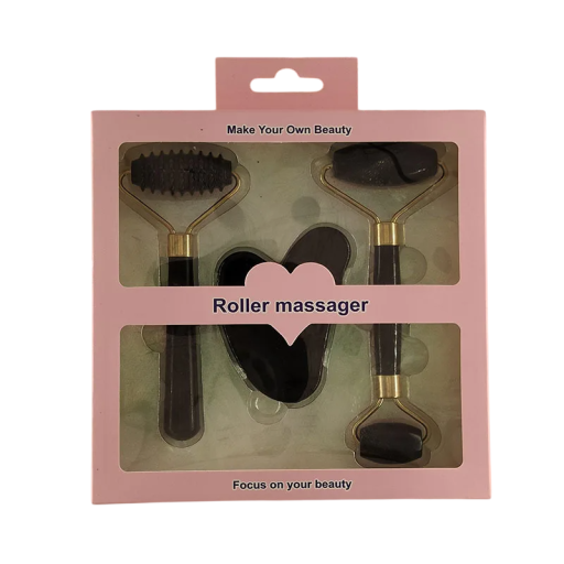 Massageset voor gezicht en lichaam 3 stuks Houten roller met ribbels Glad dubbelhoofdige roller Gua sha schraper Massagehulpmiddel