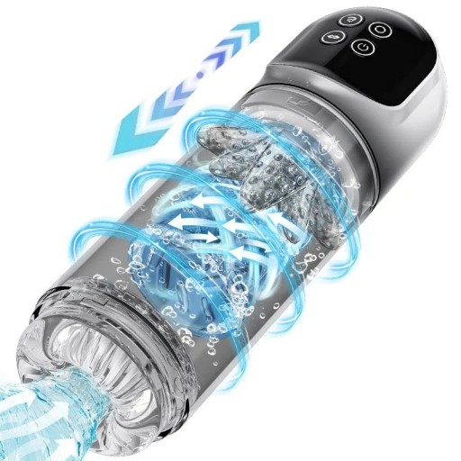 Masturbador con rotación, succión, lamido, vibración y movimiento, pantalla LED, resistente al agua, carga USB, embalaje discreto.