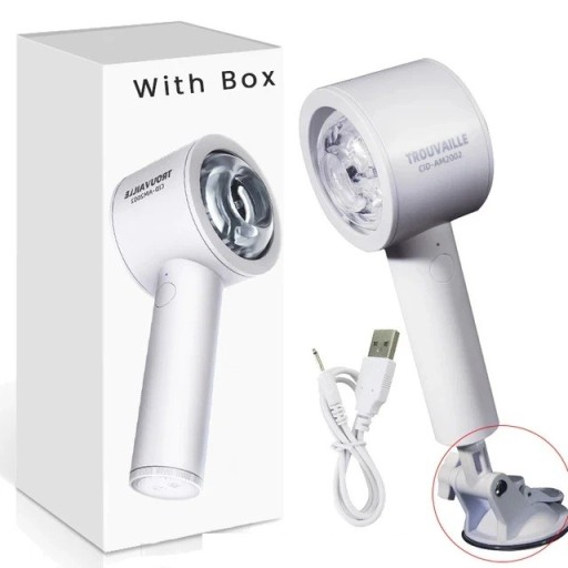 Masturbador masculino automático con ventosa, vibraciones, rotación y 6 modos de movimiento, inserto de silicona, embalaje discreto blanco.