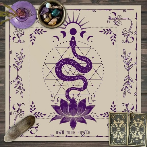 Măsuță cu motive tarot 75 x 75 cm Măsuță violetă cu motiv de șarpe Decorațiune pentru ghicire Măsuță de altar Decorațiune ezoterică și mistică