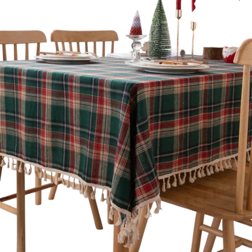 Măsuță de Crăciun cu carouri și ciucuri 140 × 200 cm Măsuță țesută colorată pentru masă de dining cu decor verde pentru servirea mesei acasă