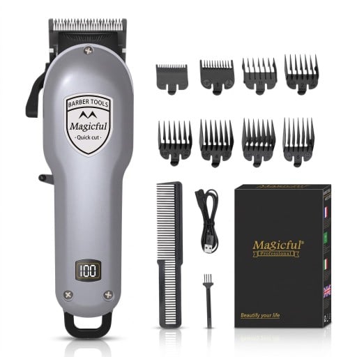 Maszynka do włosów dla mężczyzn Profesjonalny trymer Regulowana długość 1800 mAh 8 grzebieni 1,5–19 mm Srebrny Z kablem i bez kabla