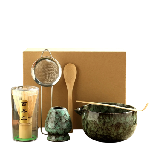 Matcha Set 6 Teile Azurblau Keramische Schüssel mit Ausguss Bambusbesen in Tube und Sieb Halter Holzlöffel und Bambuslöffel Für japanischen Tee