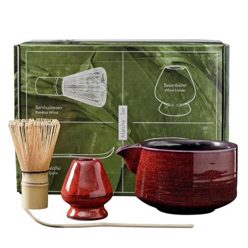 Matcha te-set 4 delar Keramisk skål Chawan Bambusvisp och skopa Ställ för vispen Japansk förberedelse av grönt te