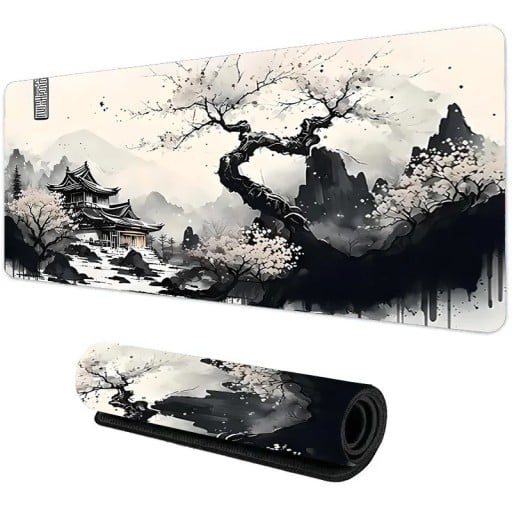 Μάτσα για ποντίκι και πληκτρολόγιο με ιαπωνικό μοτίβο από κερασιά και ναό, 300x700 mm, ασπρόμαυρη, μεγάλη επιφάνεια παιχνιδιού και γραφείου