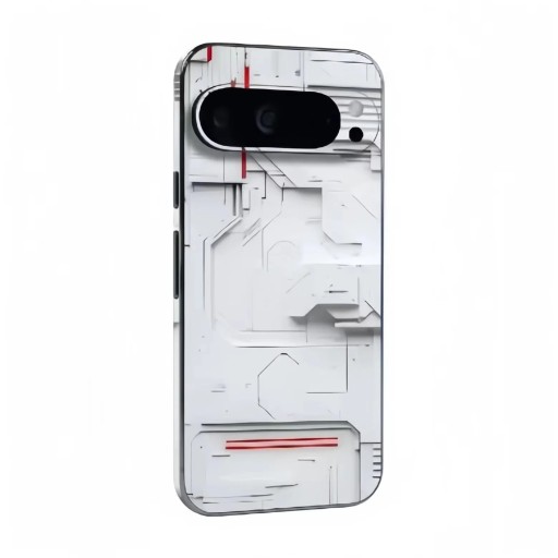 Matt skyddande självhäftande folie för baksidan av Google Pixel 10 Pro XL, vit teknikdesign med röda detaljer mot repor