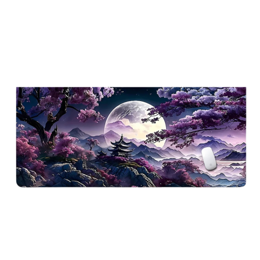 Maus- und Tastaturunterlage 300 x 700 x 3 mm Groß Mit Japanischem Motiv Mond Und Kirschblütenbäumen Lila Für Den Schreibtisch Im Büro Und Zu Hause