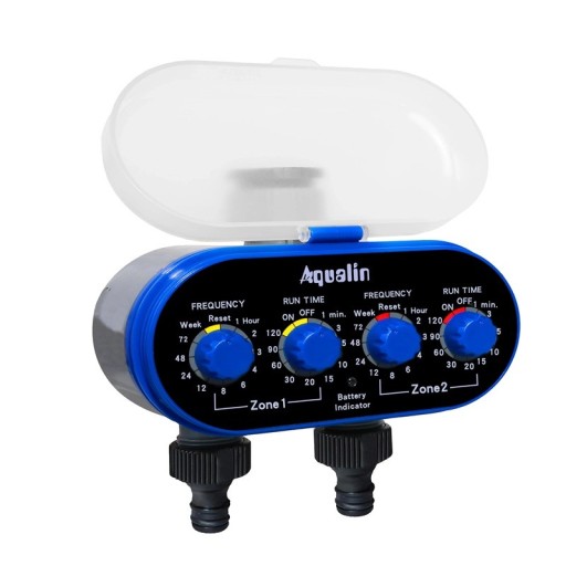Mechanischer Gartenbewässerungs-Timer mit 2 Zonen für 3/4 und 1 Zoll Wasserhahn, Frequenz 1-72 h, Dauer 1-120 min, 2x AA, blau