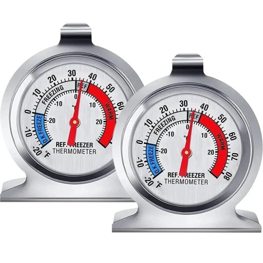 Mechanisches Thermometer für Kühl- und Gefrierschrank aus Edelstahl Messbereich -30 bis 30 °C Zum Aufstellen oder Aufhängen Leicht zu reinigen Keine Batterien 2 Stück