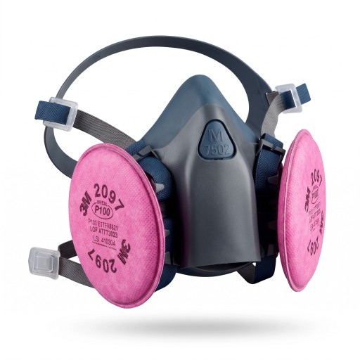 Media máscara de silicona 7502 con filtros 2097 y gafas de protección Filtración 99,97 % Grisazul Para pintado, lijado y soldadura en el taller