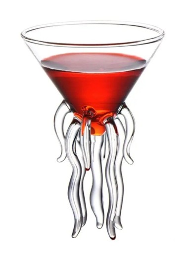 Meduusin muotoinen cocktail-lasi, koristeellinen jalallinen lasi, korkeus 13 cm, kirkasta lasia 100 ml, alkuperäinen lasi juomien tarjoiluun