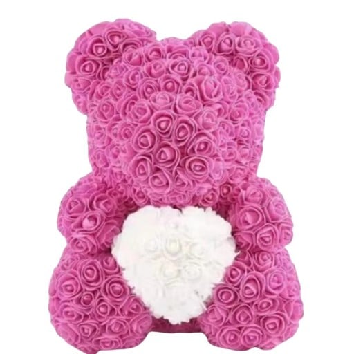 Medvídek se srdíčkem z umělých růží Romantický dárek Valentýn Výročí Luxusní květinová figurka 25 cm