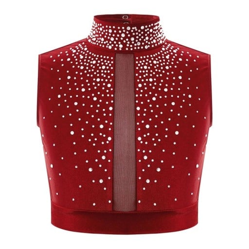 Meisjes dans crop top met hoge kraag versierd met steentjes, polyester, voor ballet, gymnastiek, moderne dans en podiumoptredens