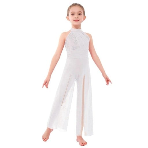 Meisjes dans jumpsuit met kanten lijfje en brede pijpen, jumpsuit met halternek van nylon voor lyrische en moderne dans en optredens