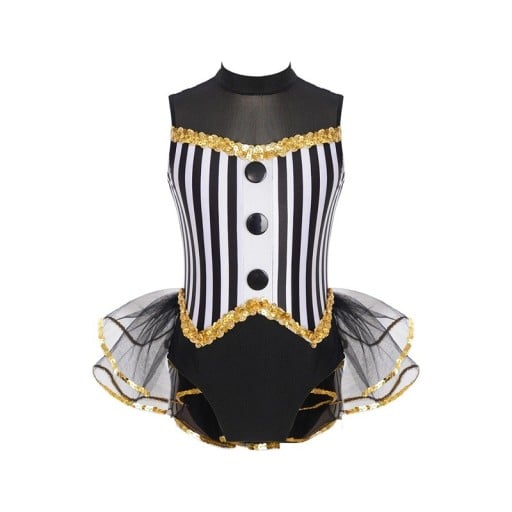 Meisjes dansoutfit zonder mouwen met gestreepte top, tule ruffles en hoge kraag, polyester materiaal, voor podiumoptredens