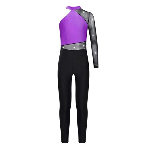Meisjes dansoverall met lange mouwen en netstof met steentjes, asymmetrische kraag, polyester materiaal, voor gymnastiek en dans