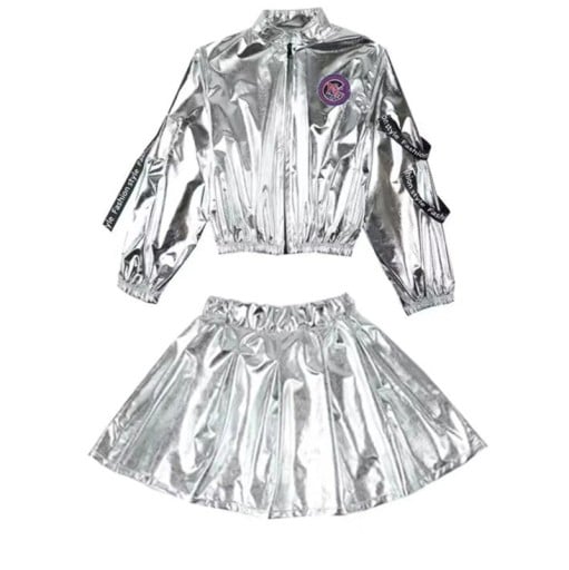 Meisjes dansset jas en rok voor hip hop, metallic zilveren set van polyester met patch voor street dance en optredens