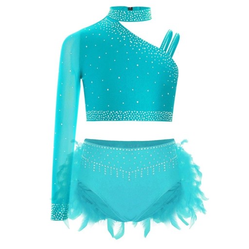 Meisjes dansset met steentjes en veren, asymmetrische top met één mouw en broekje, polyester en elastaan, kostuum voor jazz en moderne dans