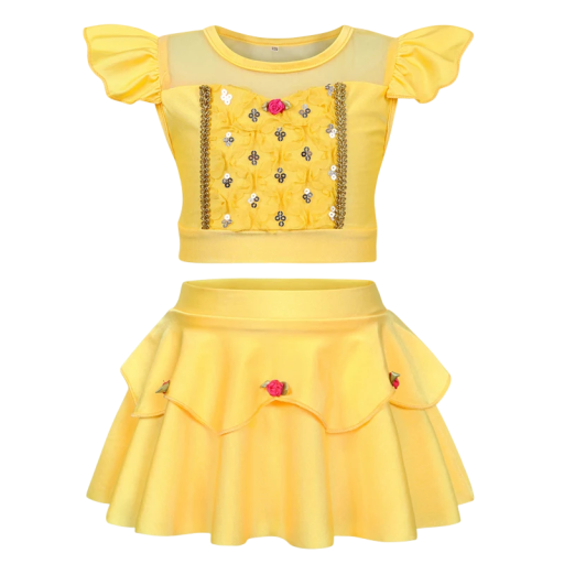 Meisjes gele tweedelige prinsessen zwempak top met kleine rozen en pailletten en volants mouwen en gelaagde rok met elastische taille