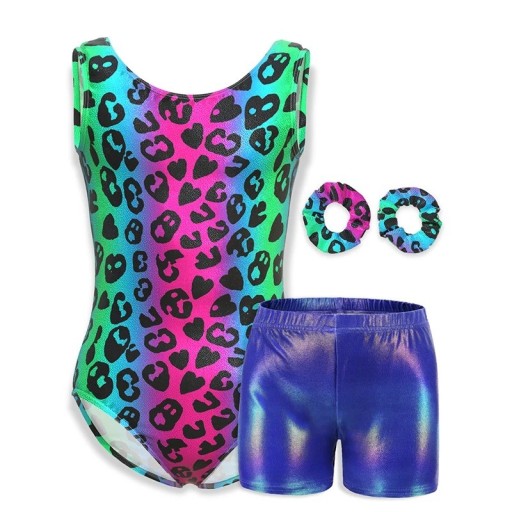Meisjes gymnastiekset body met neon leopardpatroon, paarse glanzende shorts en 2 haarbandjes Polyester en elastan