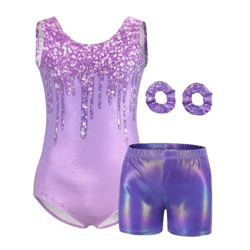 Meisjes gymnastiekset zonder mouwen met motief van druipende pailletten, shorts en 2 haarbandjes, polyester en elastaan