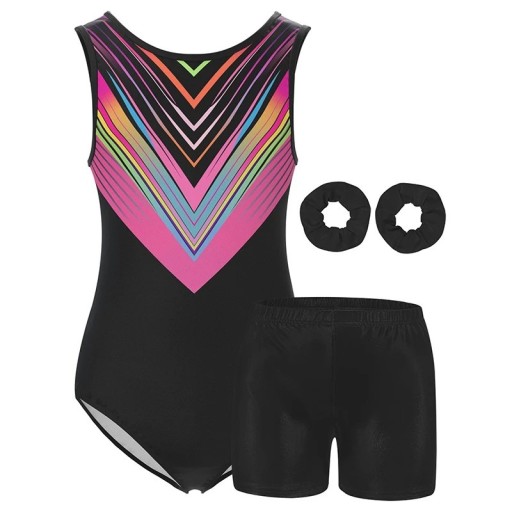 Meisjes gymnastiekset zwarte body met regenboogstralen V-print, glanzende shorts en 2 haarelastieken, polyester en elastaan