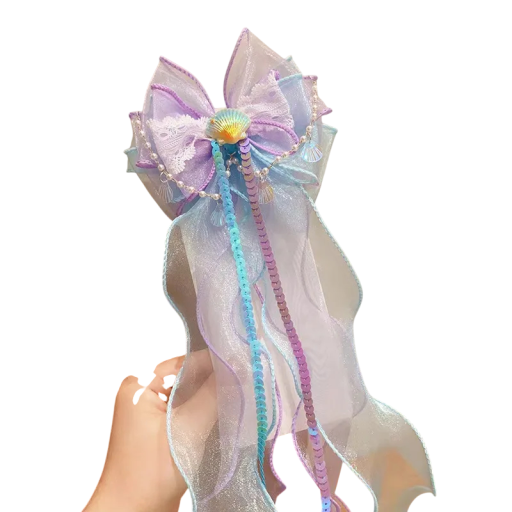 Meisjes Haarclip Strik met Lange Linten Glanzende Haaraccessoire met Schelp Pailletten Prinsessenaccessoire voor Feestelijke Kapsels